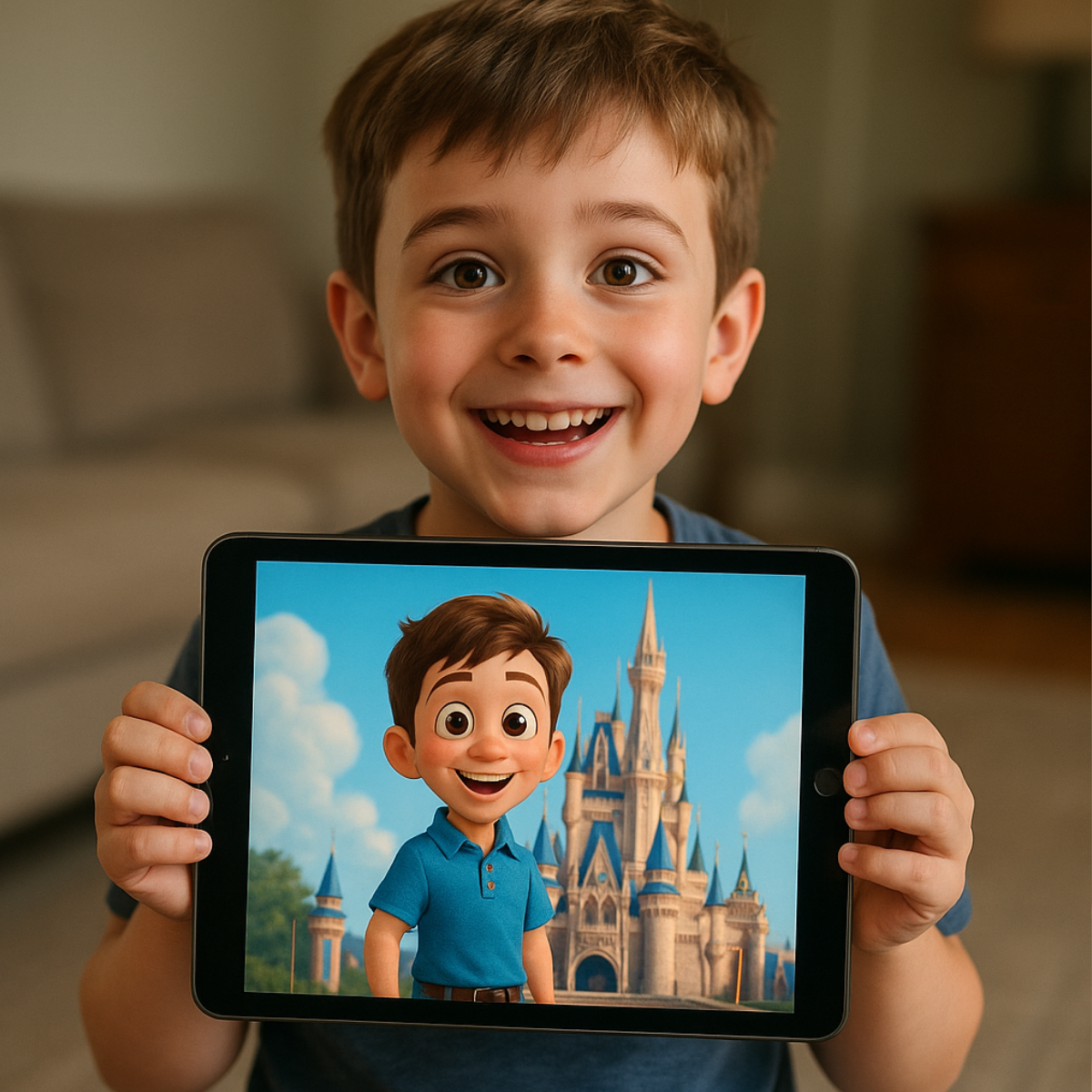 Çocuğunuzun fotoğrafı ile Disney Pixar tarzında özelleştirilmiş 3D görsel tasarımı. Çocuğunuz, sevdiği karakterlerle dijital olarak hayalindeki dünyada yer alıyor.