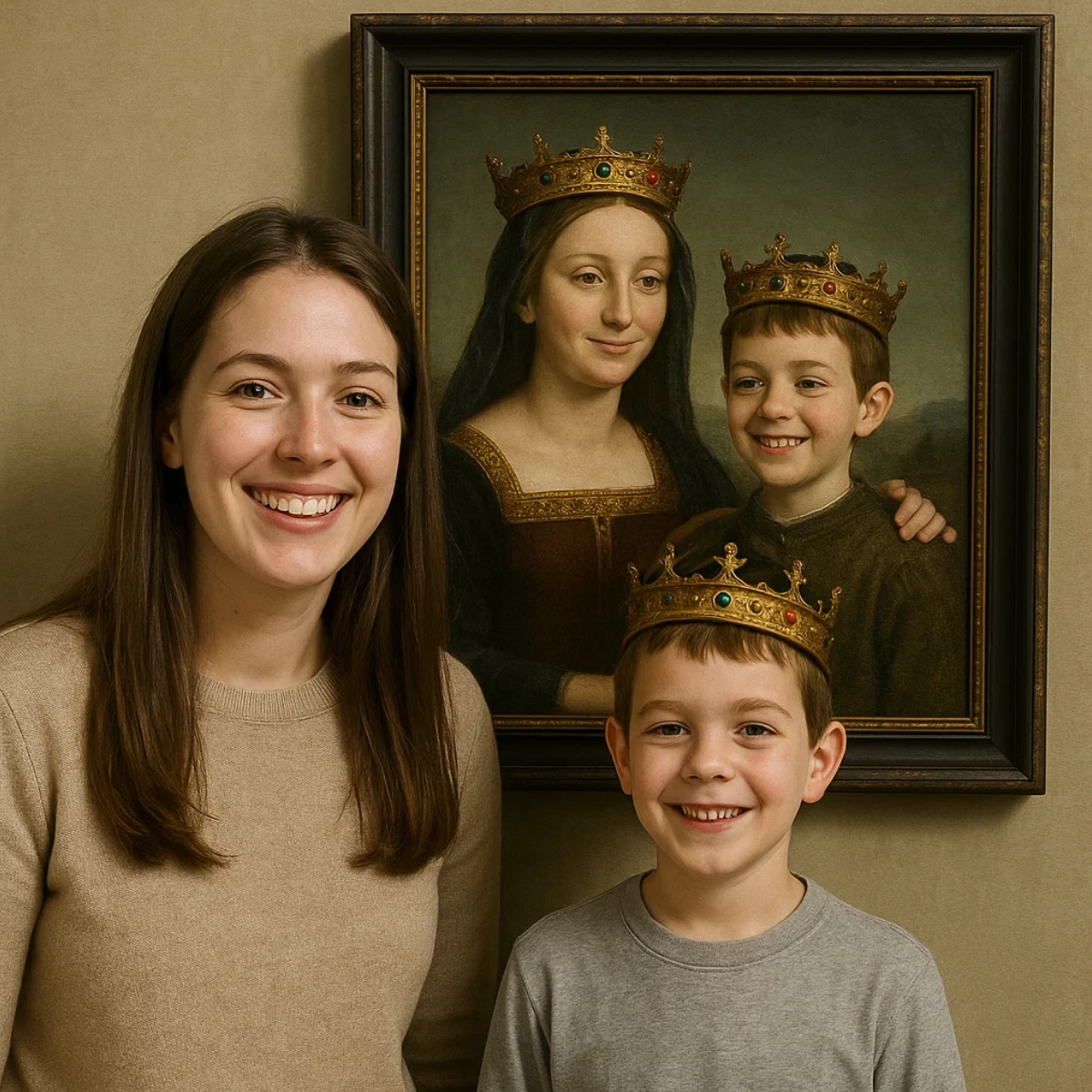 Çocuğunuz için Kraliyet Ailesi temalı dijital tasarım. Kral ve Kraliçe figürleriyle özelleştirilmiş gerçekçi görsel