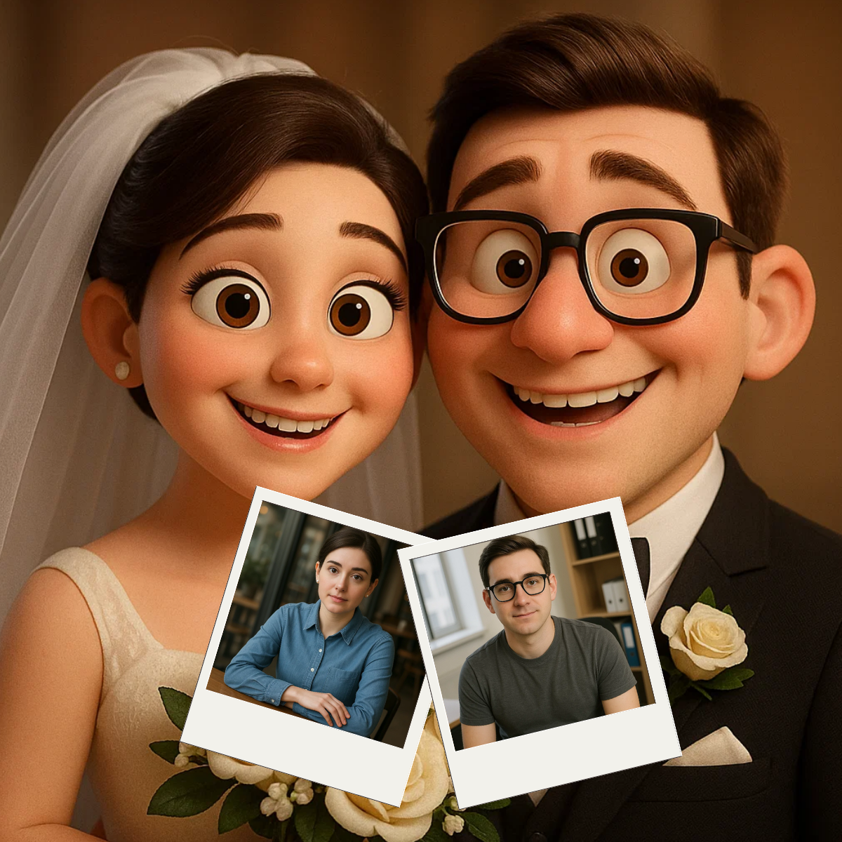 Disney Pixar 3D tarzında gelin ve damat için kişiye özel dijital portre