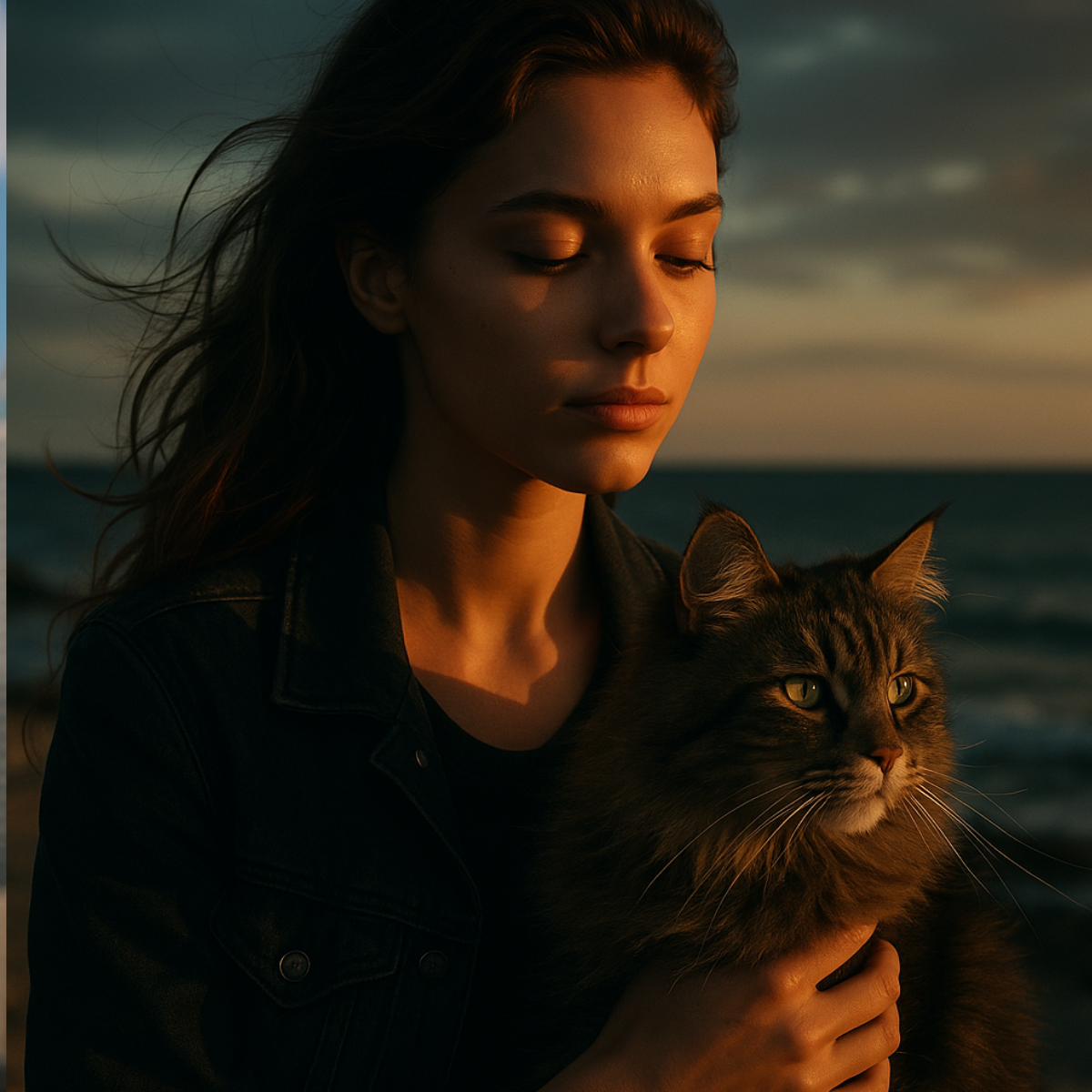 Evcil hayvan ve sahibiyle gün batımında sinematik tarzda portre, film sahnesi estetiğinde kedi ve genç kadın