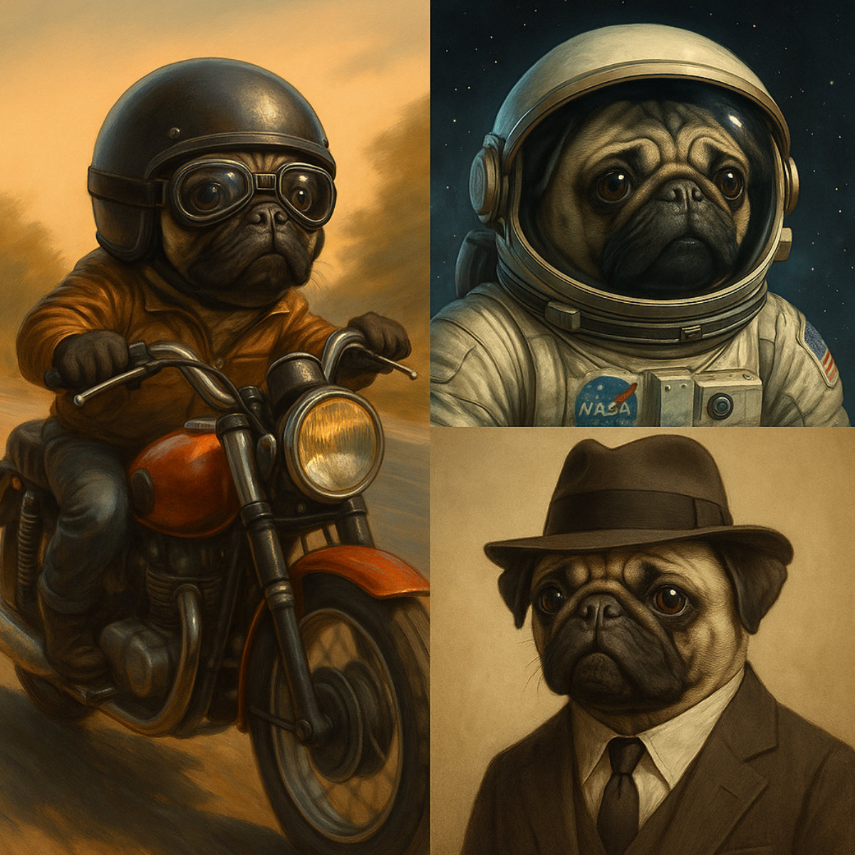 Motosiklet süren, astronot ve dedektif temalarında çizilmiş pug cinsi köpeğin özel illüstrasyonu