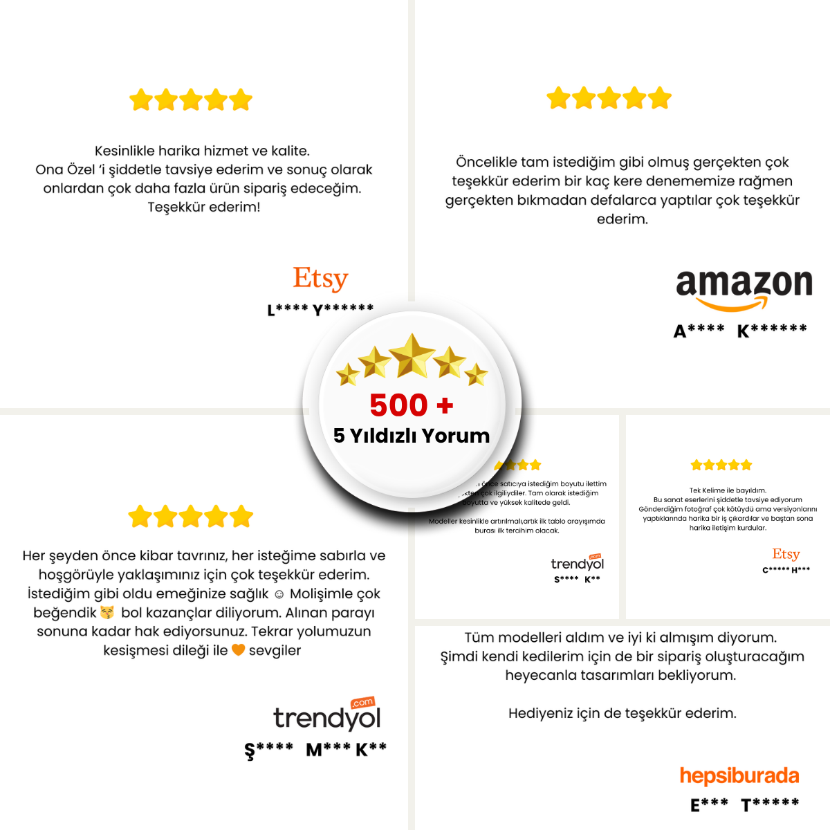 500’den fazla 5 yıldızlı yorum içeren müşteri memnuniyeti görseli – Etsy, Trendyol, Amazon ve Hepsiburada yorumları