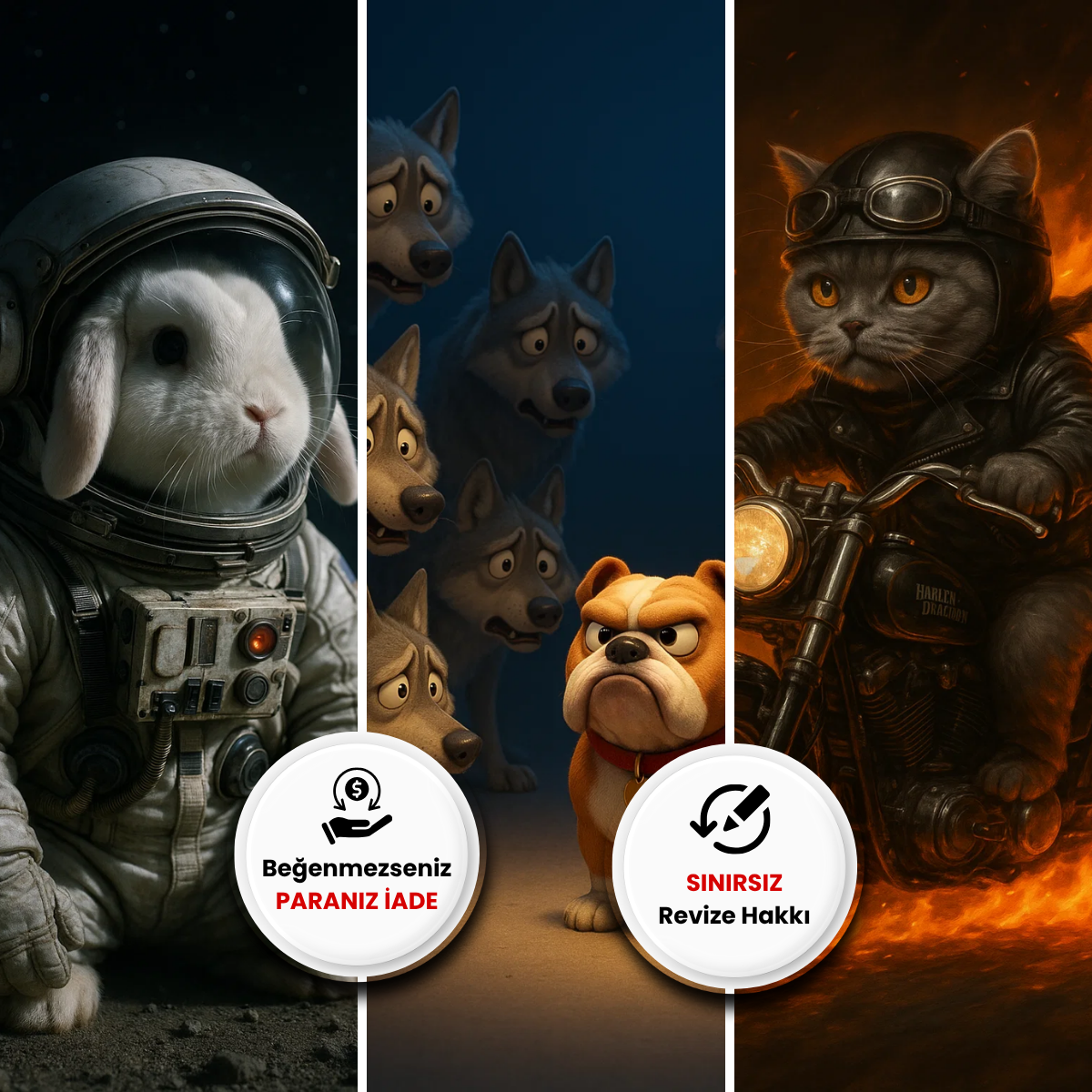 Astronot tavşan, lider bulldog ve motosiklet süren ateş temalı kedi illüstrasyonu – kişiye özel evcil hayvan tasarımı