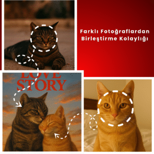 Farklı fotoğraflardan oluşturulmuş romantik kedi film afişi – Love Story temalı