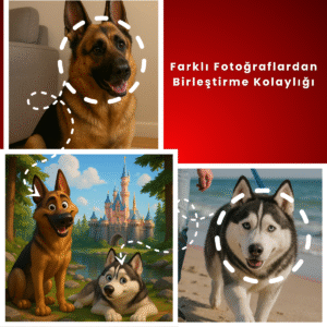 Farklı açılardaki köpek fotoğraflarından birleşmiş Disney tarzı kompozit görsel