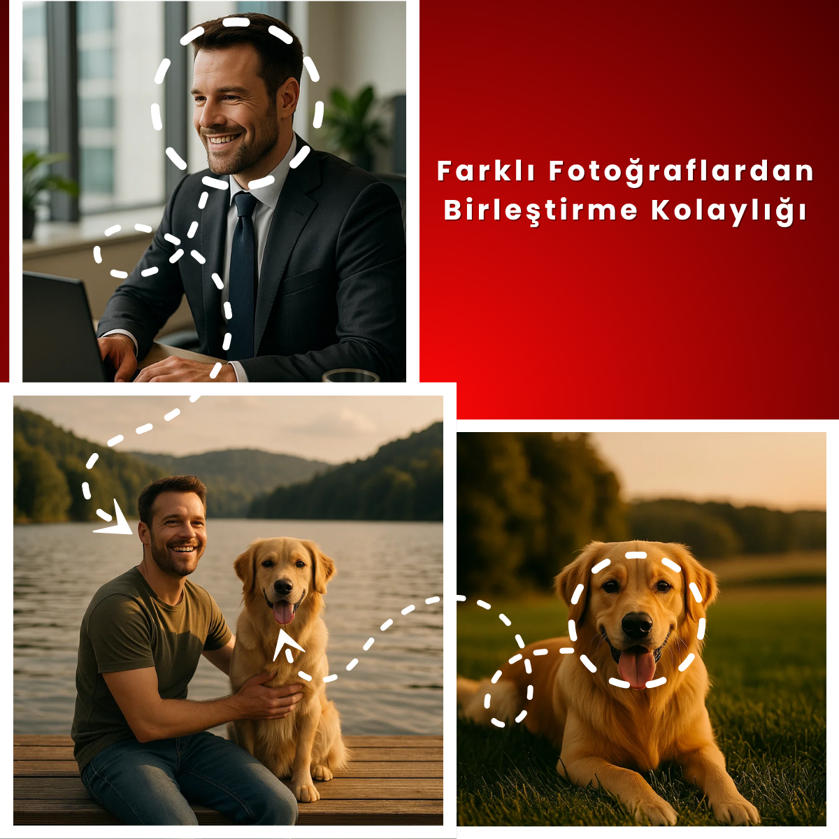 Farklı ortamlarda çekilmiş insan ve hayvan fotoğraflarından birleştirilmiş özel dijital portre örneği