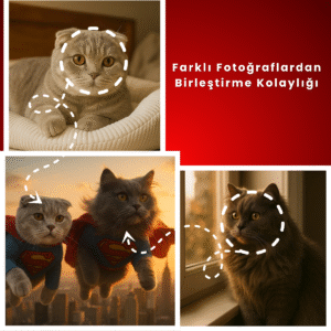 Evcil hayvanlar için farklı fotoğraflardan birleştirilmiş süper kahraman temalı dijital tasarım – uçan kediler konsepti