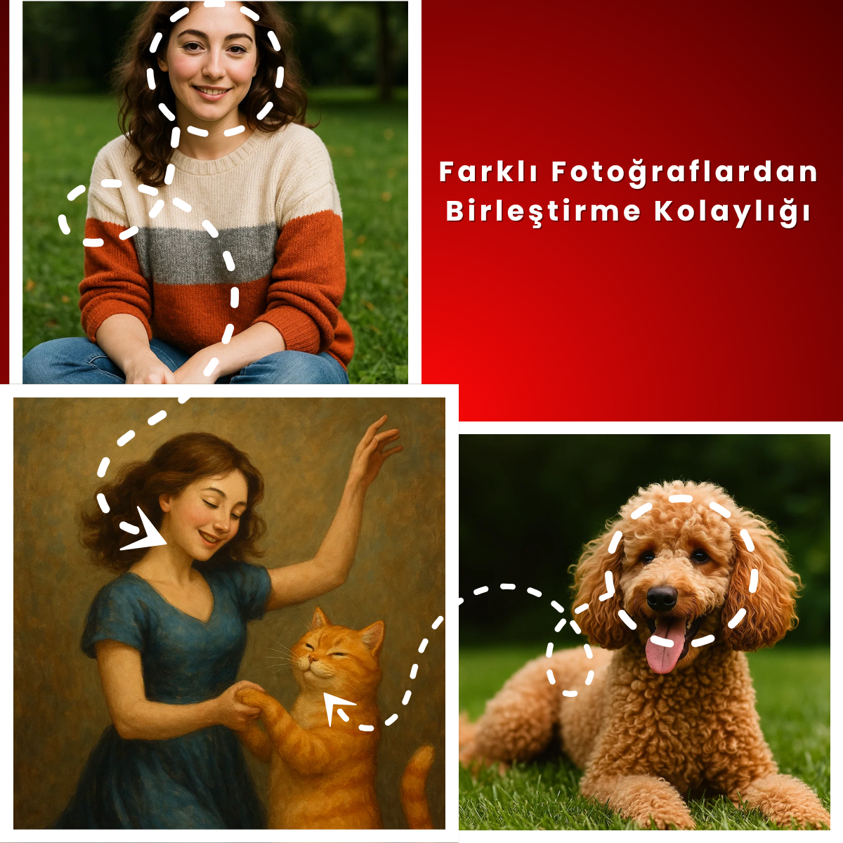 Farklı fotoğraflardan birleştirilmiş kadın, kedi ve köpek figürlü özel dijital illüstrasyon örneği