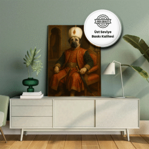 Sultan kıyafetli köpek portresiyle üst düzey baskı kalitesine sahip dijital tablo