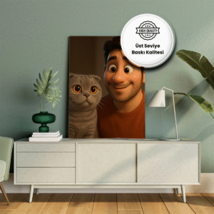 Disney tarzı erkek ve kedi portresi – yüksek kaliteli baskıya uygun