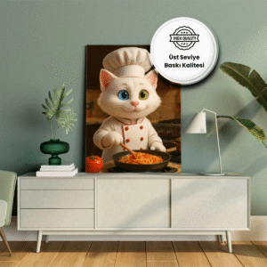 Şef kostümü giymiş beyaz kedi, mutfakta spagetti pişiriyor – evcil hayvanlar için meslek temalı tablo