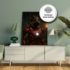 Süper kahraman kostümlü köpeğinizin yüksek kaliteli baskıya dönüşen dijital portresi