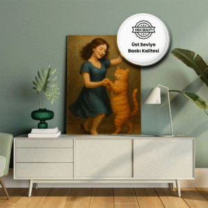 Kedi ve kadın dans ederken tabloya dönüştürülmüş sanat eseri – yüksek kaliteli baskı ile sunum