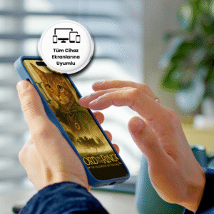Telefon ekranında Yüzüklerin Efendisi film afişine uyarlanmış kedi portresi