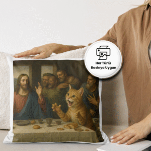 Son Akşam Yemeği temalı kedi portresi yastık baskısı örneği