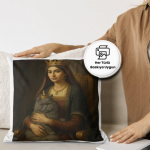 Yastığa basılmış, taçlı kadın ve gri kedi temalı dijital kraliyet portresi