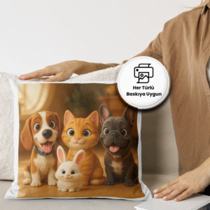 Beagle, kedi, Fransız bulldog ve tavşandan oluşan Disney tarzı karakter yastık görseli