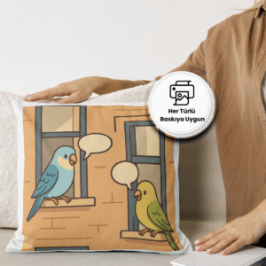 Muhabbet kuşları temalı konuşma baloncuklu karikatür yastık – her türlü baskıya uygun