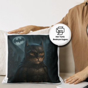 Batman kostümlü kedinin baskıya uygun dijital süper kahraman portresi
