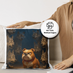 Baskılı yastık üzerinde karizmatik bulldog ve ürkek kurtların yer aldığı kişiye özel çizim