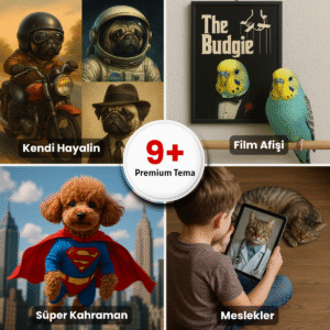 Disney tarzında süper kahraman, meslek ve film afişi temalı evcil hayvan çalışmaları