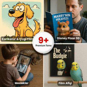 Evcil hayvanlara özel Disney Pixar 3D, karikatür, meslek ve film afişi temalı kişiselleştirilmiş dijital tasarımlar