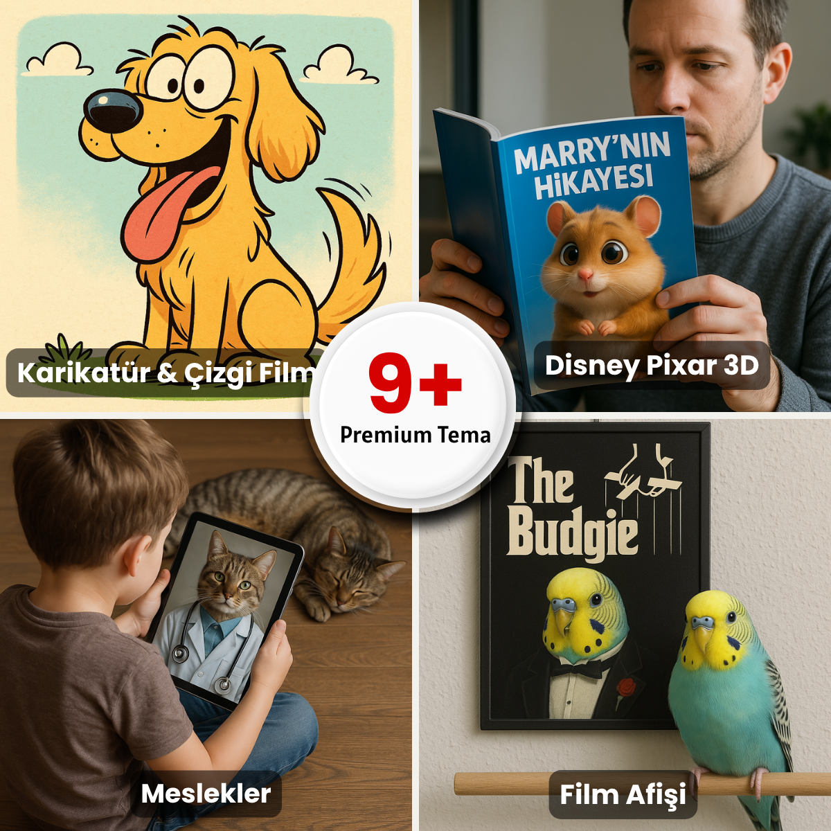 Evcil hayvanlara özel Disney Pixar 3D, karikatür, meslek ve film afişi temalı kişiselleştirilmiş dijital tasarımlar